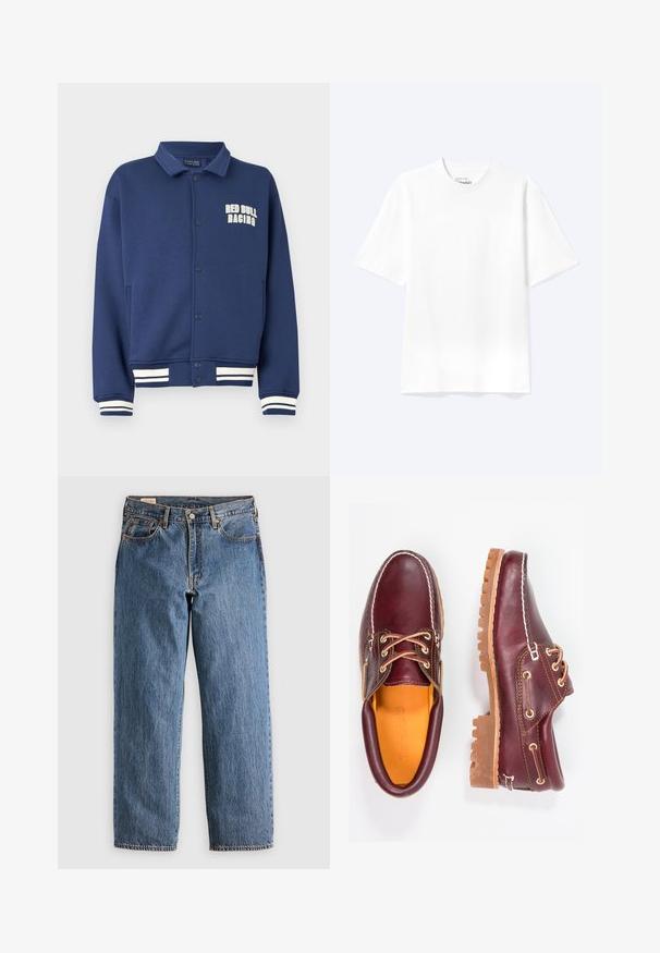 Marineblaues Sweatshirt mit einem Kragen, Druckknöpfen, Red Bull Racing-Logo und weißen gestreiften Bündchen am Saum und an den Ärmeln.; Schlichtes weißes T-Shirt mit kurzen Ärmeln und Rundhalsausschnitt in entspannter Passform, auf hellem Hintergrund dargestellt.; Blaue Jeans aus Denim mit geradem Schnitt, hohem Bund, kupfernen Nieten und orangefarbener Naht. Mit Vorder- und Hintertaschen.; Bordeauxfarbene Lederschuhe mit braunen Gummisohlen, runder Zehenform, weißen Nähten und goldenen Ösen. Das Innenfutter weist eine gelbe Beschichtung auf.