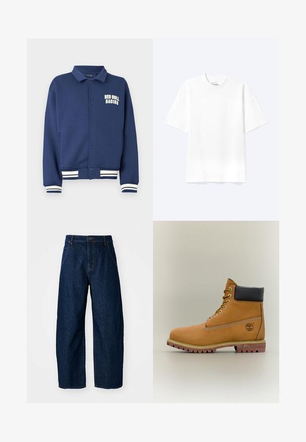Sudadera azul marino con cuello en forma de solapa, botones a presión, logo de Red Bull Racing y puños con rayas blancas en el bajo y las mangas.; Camiseta lisa blanca de manga corta y cuello redondo con un corte relajado, mostrada sobre un fondo claro.; Vaqueros de mezclilla oscuros de pierna ancha con cintura alta, que cuentan con cinco bolsillos, cierre frontal con botones y detalles de costura visibles.; Bota de tobillo de cuero marrón con cuello negro, cordones amarillos y suela beige. Presenta un logotipo y detalles de costura blanca. Suela exterior con tracción robusta.