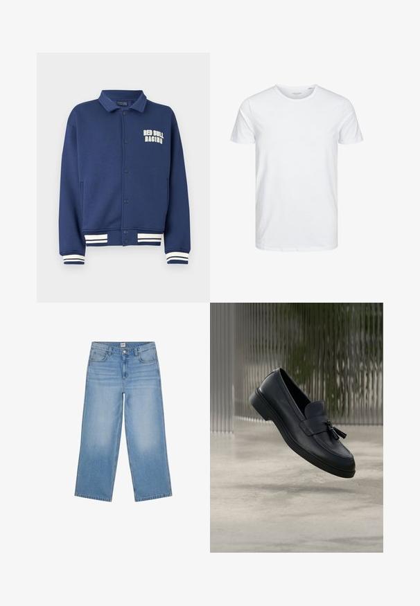 Sudadera azul marino con cuello en forma de solapa, botones a presión, logo de Red Bull Racing y puños con rayas blancas en el bajo y las mangas.; Camiseta de manga corta y cuello redondo en blanco sólido, fabricada en algodón suave, presenta un diseño simple sin patrones ni acentos visibles.; Vaqueros de mezclilla azul claro de pierna ancha con bolsillos delanteros, trabillas para cinturón, botón y cierre de cremallera, mostrados sobre un fondo blanco.; Mocasines de cuero negro con textura suave, punta redondeada y borlas decorativas en el frente. Suela de goma flexible con tacón bajo.