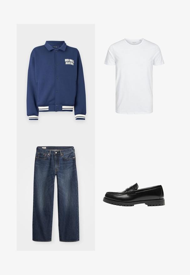 Marineblaues Sweatshirt mit einem Kragen, Druckknöpfen, Red Bull Racing-Logo und weißen gestreiften Bündchen am Saum und an den Ärmeln.; Rundhals-T-Shirt mit kurzen Ärmeln in reinem Weiß, aus weicher Baumwolle, mit einem schlichten Design ohne sichtbare Muster oder Akzente.; Dunkelblaue Jeans aus Denim mit geradem Bein, fünf Taschen-Design, Metallknopf und Reißverschluss, sowie subtilen Auswaschungen.; Schwarzer Leder-Slipper mit dicker Gummisohle und klassischem Penny-Detail an der Riemen, von der Außenseite gezeigt.