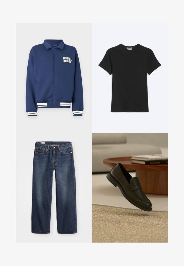 Sudadera azul marino con cuello en forma de solapa, botones a presión, logo de Red Bull Racing y puños con rayas blancas en el bajo y las mangas.; Camiseta negra lisa de manga corta con cuello redondo y etiqueta de la marca Weekday dentro del cuello, mostrada sobre un fondo blanco.; Jeans de mezclilla azul oscuro con corte recto, diseño de cinco bolsillos, cierre de botón metálico y cremallera, y patrones sutiles de desgaste.; Zapato mocasín de cuero negro mostrado en el aire sobre una alfombra beige tejida, con una mesa de madera y libros apilados en una sala de estar con luz suave.