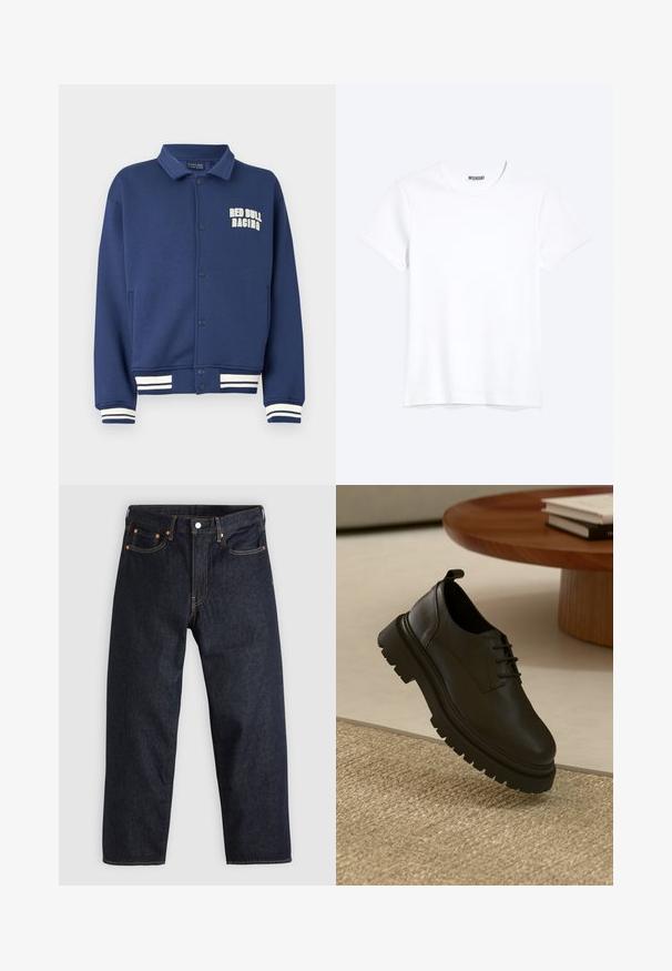 Marineblaues Sweatshirt mit einem Kragen, Druckknöpfen, Red Bull Racing-Logo und weißen gestreiften Bündchen am Saum und an den Ärmeln.; Schlichtes weißes T-Shirt mit kurzen Ärmeln und Rundhalsausschnitt mit gut sichtbarem WEEKDAY-Label am Kragen, dargestellt auf hellem Hintergrund.; Dunkelblaue Jeans aus Denim mit geradem Schnitt, fünf Taschen, kontrastierenden orangen Nähten und einem Knopfverschluss. Keine sichtbaren Muster oder Verzierungen.; Schwarzer Lederschuh mit strukturierten Oberflächen, runder Zehenpartie, Schnürdesign und einer stabilen schwarzen Gummisohle. Schwebt über einem gewebten Teppich.
