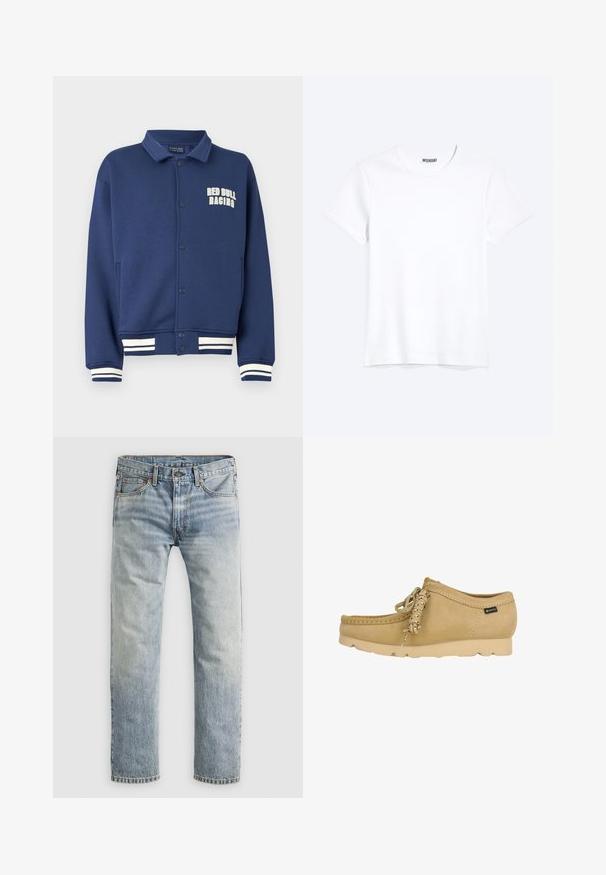 Sudadera azul marino con cuello en forma de solapa, botones a presión, logo de Red Bull Racing y puños con rayas blancas en el bajo y las mangas.; Camiseta blanca lisa de cuello redondo y manga corta con una etiqueta visible de la marca WEEKDAY en el cuello, mostrada sobre un fondo claro.; Jean de denim recto de pierna recta de color azul claro con cierre de botón, bolsillos delanteros y presillas para cinturón, mostrados planos sobre un fondo blanco.; Mocasín de ante beige con suela de goma, detalle de cordones y una pequeña etiqueta de tela Gore-Tex en el lateral.