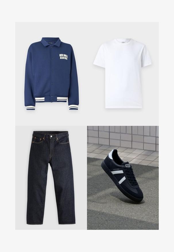 Marineblaues Sweatshirt mit einem Kragen, Druckknöpfen, Red Bull Racing-Logo und weißen gestreiften Bündchen am Saum und an den Ärmeln.; Weißes Baumwoll-T-Shirt mit Rundhalsausschnitt und kurzen Ärmeln. Einfaches Design ohne Muster oder Grafiken, mit GAP-Logo am Kragen.; Dunkelblaue Jeans aus Denim mit geradem Schnitt, fünf Taschen, kontrastierenden orangen Nähten und einem Knopfverschluss. Keine sichtbaren Muster oder Verzierungen.; Schwarze Leder-Sneaker mit weißen Streifen, strukturiertem Gummisohle und Schnürung. Verfügt über ein Markenetikett auf der Zunge.