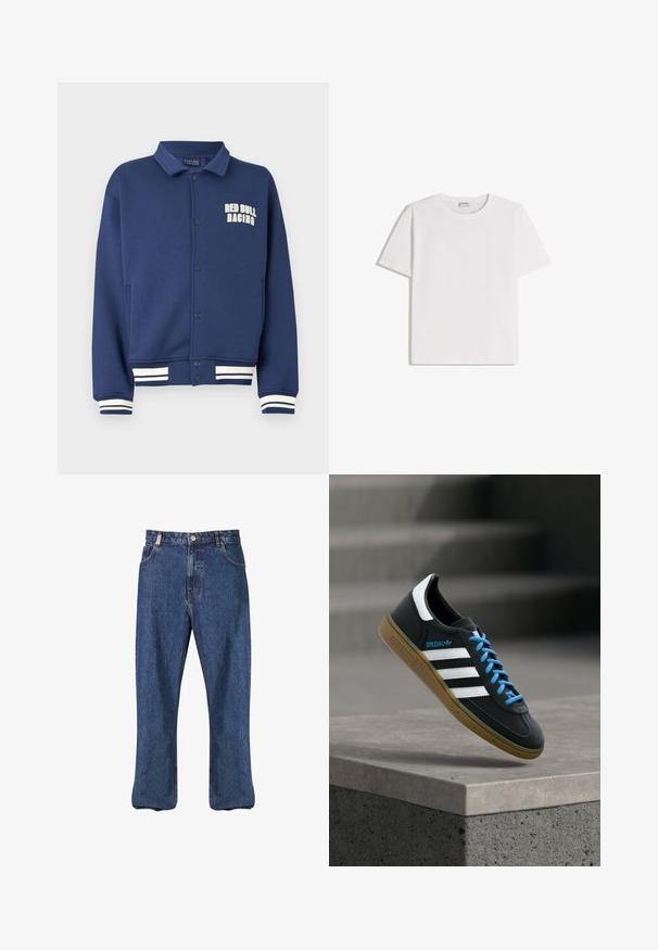 Marineblaues Sweatshirt mit einem Kragen, Druckknöpfen, Red Bull Racing-Logo und weißen gestreiften Bündchen am Saum und an den Ärmeln.; Weißes Baumwoll-T-Shirt mit Rundhalsausschnitt und kurzen Ärmeln. Klassische, kastige Form ohne sichtbare Muster oder Verzierungen.; Dunkelblaue Denim-Jeans im geraden Schnitt, klassischem Fünf-Taschen-Stil und sichtbaren Nähten entlang der Nähte.; Schwarzer Adidas-Sneaker mit weißen Streifen, blauen Schnürsenkeln und Gummisohle, der über einer grauen Betontreppe im weichen Licht schwebt.