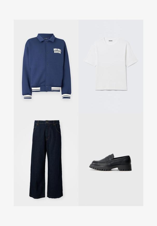 Marineblaues Sweatshirt mit einem Kragen, Druckknöpfen, Red Bull Racing-Logo und weißen gestreiften Bündchen am Saum und an den Ärmeln.; Schlichtes weißes T-Shirt mit kurzen Ärmeln und Rundhalsausschnitt, mit einem kleinen "WEEKDAY"-Etikett an der Innenseite des Rückenkragens, auf einer flachen Oberfläche liegend dargestellt.; Weite Jeans in dunkelblauem Denim mit goldenen Nähten, einem Knopfverschluss und vier Taschen. Der Saum ist leicht ausgefranst.; Schwarze Leder-Loafer mit abgerundeter Schuhspitze, ausgestattet mit einem dekorativen Riemen und einer robusten Gummisohle mit tiefem Profil für besseren Halt.