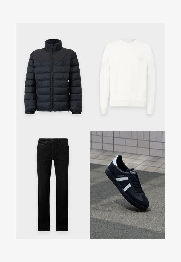 Sort pufferjakke med høj krave, vandret syninger, lynlås foran og elastiske manchetter. Glat, isoleret stofdesign.; Hvid crewneck sweatshirt lavet af blødt stof, med ribbede manchetter og kant, og med et diskret logo trykt på brystet i lysegrå.; Sorte denimjeans med lige ben-design. Har lynlås, fem lomme-stil og minimal slitage på stoffet.; Sort lædersneaker med hvide striber, tekstureret gummisål og snørrebånd foran. Har et brandet mærke på tungen.