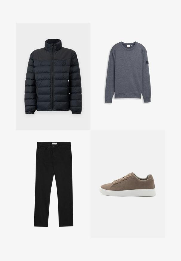 Sort pufferjakke med høj krave, vandret syninger, lynlås foran og elastiske manchetter. Glat, isoleret stofdesign.; Grå langærmet sweatshirt lavet af tekstureret stof med rund hals og ribbede manchetter. Har et minimalistisk design uden udsmykninger.; Sorte lige ben jeans med fem-lomme design, knap- og lynlåslukning samt et Pier One mærkeetiket på taljen.; Brune ruskinds sneakers med flade hvide gummisåler, snørelukning, rund tå og en glat overflade. Minimalistisk stil med diskrete syninger.