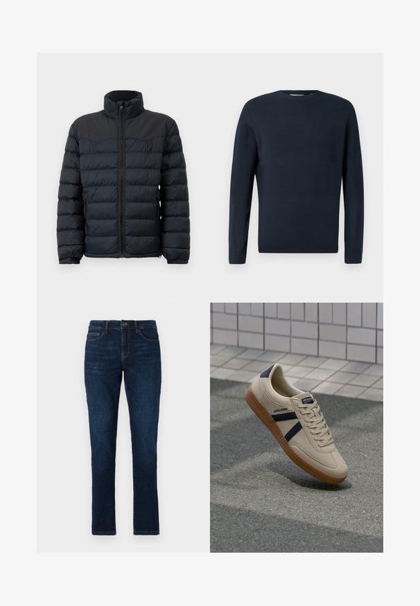 Doudoune noire avec un col haut, des coutures horizontales, une fermeture éclair à l'avant et des poignets élastiques. Conception en tissu lisse et isolé.; Only & Sons ONSMALIK CREW - Pullover - navy; Jean en denim bleu foncé avec une coupe slim, design standard à cinq poches, et une fermeture à bouton et fermeture éclair. Texture lisse avec un minimum de décoloration.; Baskets beiges avec une finition texturée, bandes navy et semelle en caoutchouc. Équipées d'une languette rembourrée et d'un système de laçage traditionnel pour un maintien sécurisé.