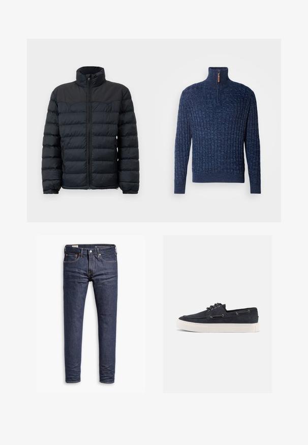 Zwarte pufferjack met een hoge kraag, horizontale stiknaad, rits aan de voorkant en elastische manchetten. Glad, geïsoleerd stofontwerp.; INDICODE JEANS Trui - navy mix; Donkerblauwe slim-fit Levi's Performance spijkerbroek met vijf zakken en zichtbare stiksels op een witte achtergrond.; Casual sneaker van marineblauw suède met witte rubberen zool, zwarte veters en metalen veteroogjes, gezien vanaf de rechterkant tegen een effen achtergrond.