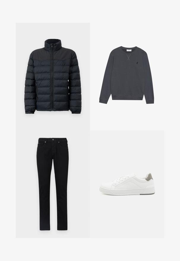 Zwarte pufferjack met een hoge kraag, horizontale stiknaad, rits aan de voorkant en elastische manchetten. Glad, geïsoleerd stofontwerp.; Donkergrijze sweatshirt, van katoen, met ronde hals, lange mouwen, heeft X-stiksel-details op de halslijn, klein logo op de linkerborst.; Zwarte denimbroek, recht gesneden ontwerp, met vijf-pocket styling, een sluiting met knoop aan de voorkant en een gladde, uniforme textuur.; Witte sneaker van glad leer met een ronde neus, minimalistisch ontwerp, grijze hielaccent en een geplaatste rubberen zool.