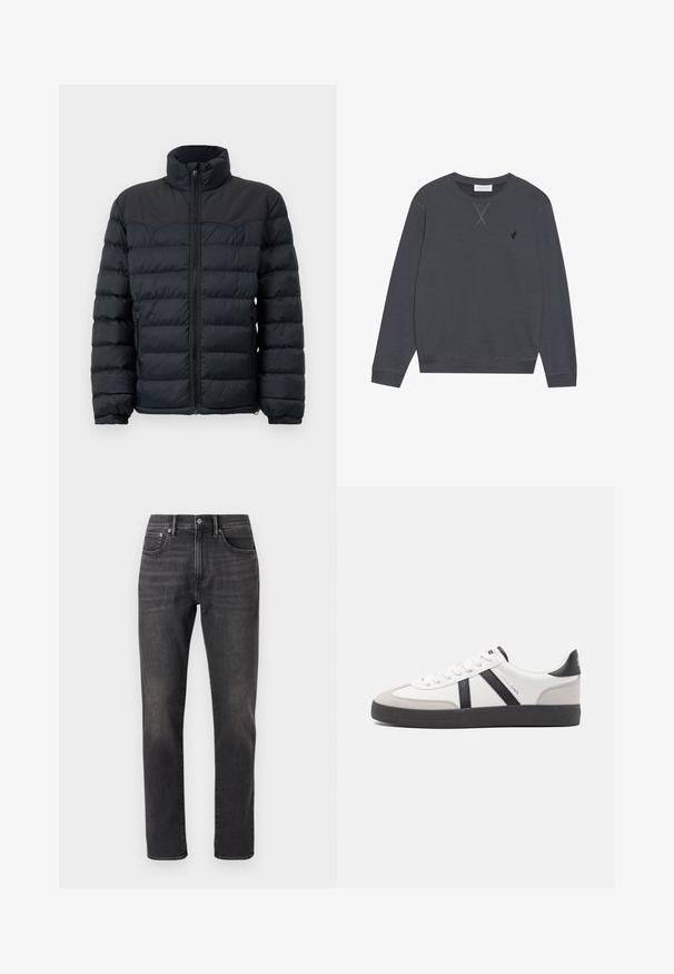 Zwarte pufferjack met een hoge kraag, horizontale stiknaad, rits aan de voorkant en elastische manchetten. Glad, geïsoleerd stofontwerp.; Donkergrijze sweatshirt, van katoen, met ronde hals, lange mouwen, heeft X-stiksel-details op de halslijn, klein logo op de linkerborst.; Zwarte denim jeans met een recht model, voorzien van voorzakken, een knoopsluiting en subtiele vervaging op de stof.; Witte sneaker met zwarte en grijze accenten, voorzien van een grijze neus met textuur, zwarte rubberen zool en platte witte veters. Schoon ontwerp, minimalistische stijl.