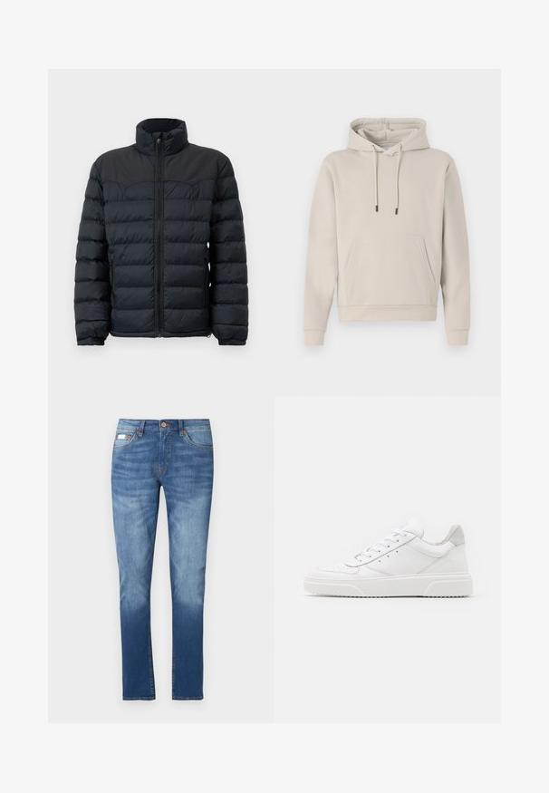 Zwarte pufferjack met een hoge kraag, horizontale stiknaad, rits aan de voorkant en elastische manchetten. Glad, geïsoleerd stofontwerp.; Hoodie in lichtbeige, met een voorzak, trekkoorden en geribbelde manchetten. Gemaakt van zacht, glad materiaal met een losse pasvorm.; Blauwe spijkerbroeken met een rechte pasvorm, met een donkerdere was die vervaagt naar lichtere tinten, messing onderdelen en een klassieke vijfzakkenontwerp.; Witte leren sneakers met een gladde afwerking, ronde neus, platte veters en een gestructureerde zool. Grijze suède accent bij de hiel.