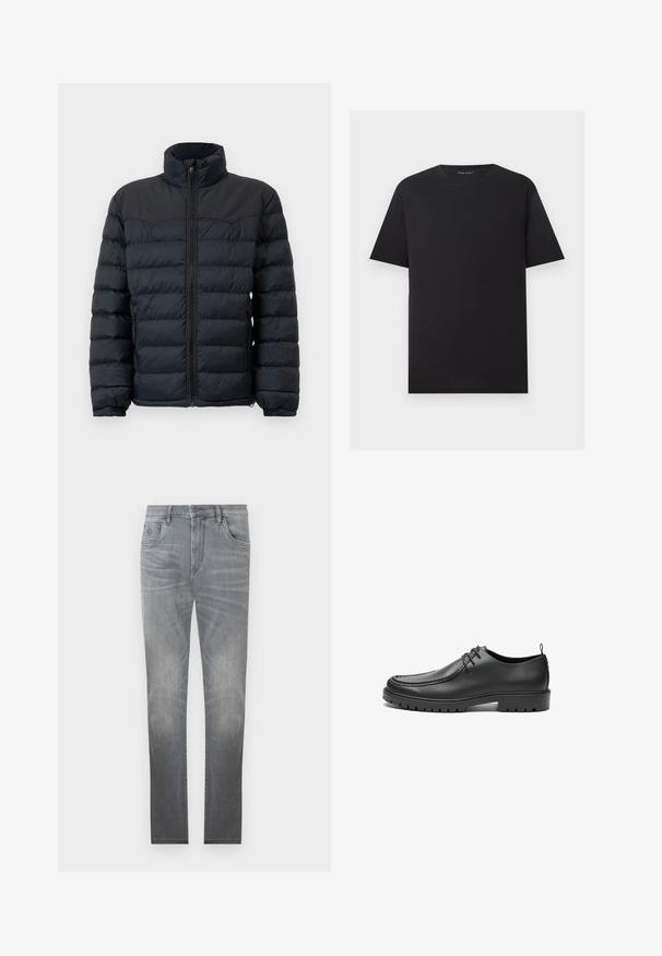 Sort pufferjakke med høj krave, vandret syninger, lynlås foran og elastiske manchetter. Glat, isoleret stofdesign.; Sort T-shirt med korte ærmer og rund hals med ensfarvet design, vist fladt på en lysegrå baggrund.; Grå denim jeans med et falmet design, fem-lommer stil, knaplukning og lige ben. Glat tekstur med let slid ved kanterne.; Sorte lædersko med en glat overflade, rund tå og dekorativ stikning. Har en gummisål med skridsikre spor og snørebåndsdesign.