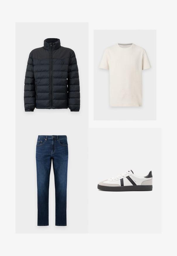 Sort pufferjakke med høj krave, vandret syninger, lynlås foran og elastiske manchetter. Glat, isoleret stofdesign.; Kortærmet off-white tekstureret bomulds t-shirt med rund halsudskæring og diskret logo på venstre bryst, vist på grå baggrund.; Mørkeblå denim jeans med lige ben design, der har fem lommer, syede detaljer og en klassisk knaplukning.; Hvide sneakers med sorte og grå detaljer, med en tekstureret grå tåhætte, sort gummisål og flade hvide snørebånd. Rent design, minimalistisk stil.