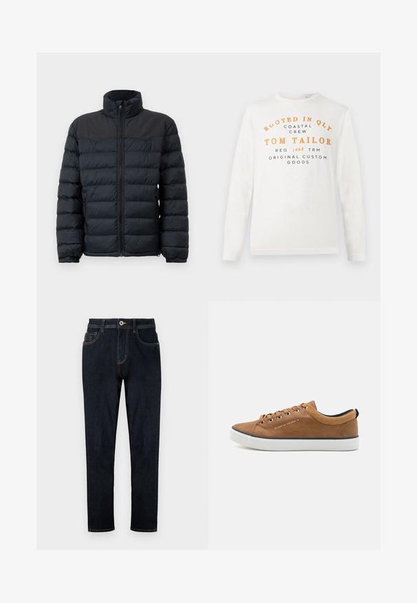 Chaqueta de plumas negra con un cuello alto, costuras horizontales, cierre frontal con cremallera y puños elásticos. Diseño de tejido liso e insulated.; Camisa blanca de manga larga con texto en naranja y negro que dice "Rooted in QLY Coastal Crew Tom Tailor Reg 1962 TRM Original Custom Goods" en la parte frontal.; TOM TAILOR TTJOSH REGULAR SLIM FIT - Vaqueros rectos - rinsed blue denim; Zapatillas de cuero marrón con puntera redonda, suela blanca y detalles en azul marino. Presentan ojales de metal y un cuello texturizado.