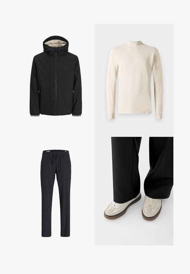Schwarze isolierte Jacke mit einem flauschigen cremefarbenen Futter, verstellbarem Kapuzenkragen, Reißverschluss vorne und seitlichen Taschen. Verfügt über elastische Bündchen mit gestreiften Akzenten.; Langärmliges, cremefarbenes Turtleneck-Shirt aus weichem Baumwollstoff, mit taillierter Passform und geripptem Halsauschnitt sowie geraden Schnittkanten.; Schwarze Freizeithose mit elastischem Bund und Kordelzug, gerader Beinpassform, aus weichem Stoff, auf weißem Hintergrund dargestellt.; Füße mit beigen Sneakers mit braunen Sohlen und schwarzen Hosen mit weitem Bein auf weißem Hintergrund.