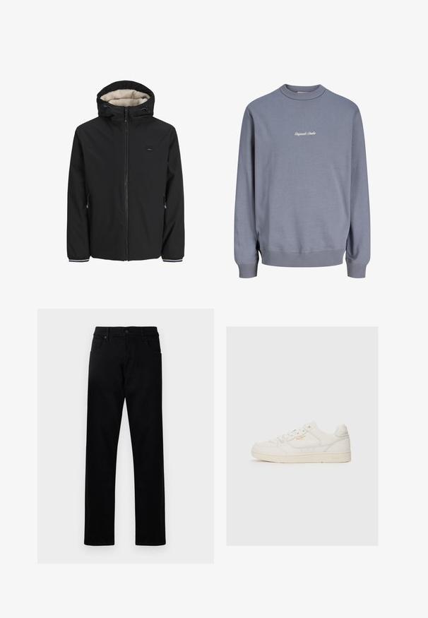 Sort isoleret jakke med en fluffy cream-farvet foring, justerbar hætte, frontlynlås og sidelommer. Har elastiske manchetter med stribede detaljer.; Lyseblå crewneck sweatshirt med ribbet manchetter og kant, med lille hvid "Originals Studio" tekst centreret på brystet.; Sorte denimjeans med lige ben. Funktioner inkluderer to frontlommer, en knaplukning og en ren, glat overflade.; Hvide lædersneakers med en glat overflade, der har perforerede detaljer, snørebånd fortil og et diskret logo i guld nær siden.