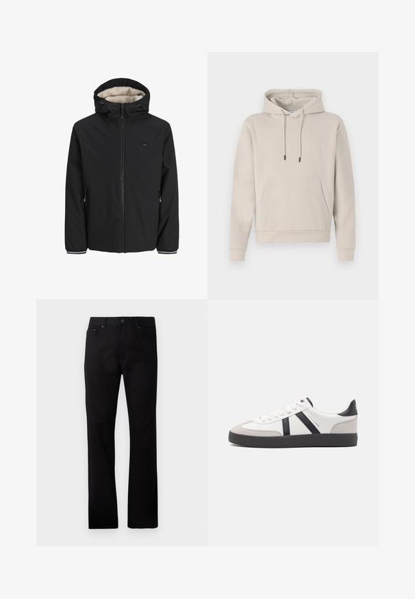 Zwarte geïsoleerde jas met een zachte crèmekleurige voering, verstelbare capuchon, voorrits en zijzakken. Voorzien van elastische manchetten met gestreepte accenten.; Hoodie in lichtbeige, met een voorzak, trekkoorden en geribbelde manchetten. Gemaakt van zacht, glad materiaal met een losse pasvorm.; Zwarte rechte jeans gemaakt van denim, met een voor sluiting met knoop, twee zijzakken en een gladde textuur.; Witte sneaker met zwarte en grijze accenten, voorzien van een grijze neus met textuur, zwarte rubberen zool en platte witte veters. Schoon ontwerp, minimalistische stijl.