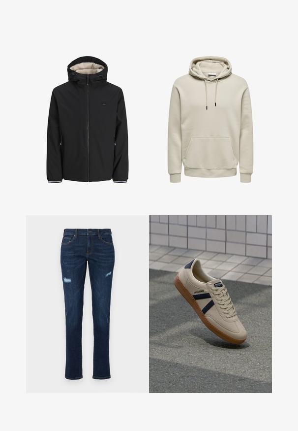 Chaqueta negra aislante con un forro de crema esponjoso, capucha ajustable, cremallera frontal y bolsillos laterales. Presenta puños elásticos con acentos a rayas.; Sudadera con capucha beige con cordones, bolsillo canguro, puños acanalados y dobladillo, mostrada sobre fondo blanco.; Jeans de mezclilla azul marino con corte recto, que presentan desgastes y roturas visibles en las rodillas, bolsillos tradicionales y costuras en contraste visibles.; Zapatilla beige con acabado texturizado, rayas azul marino y suela de goma. Presenta una lengüeta acolchada y un sistema de cordones tradicional para un ajuste seguro.
