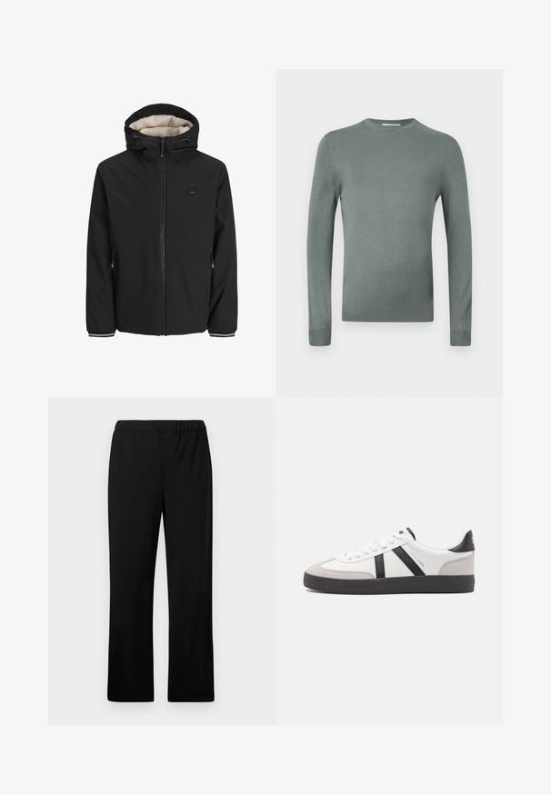 Chaqueta negra aislante con un forro de crema esponjoso, capucha ajustable, cremallera frontal y bolsillos laterales. Presenta puños elásticos con acentos a rayas.; Suéter verde claro de manga larga hecho de suave tejido de punto. Presenta un escote redondo y mangas ajustadas con puños en ribete. Diseño sencillo.; Pantalones negros de cintura elástica con un diseño de pierna recta. Hechos de tela suave, sin patrones ni adornos visibles.; Zapatilla blanca con acentos en negro y gris, que presenta una puntera texturizada en gris, suela de goma negra y cordones planos blancos. Diseño limpio, estilo minimalista.