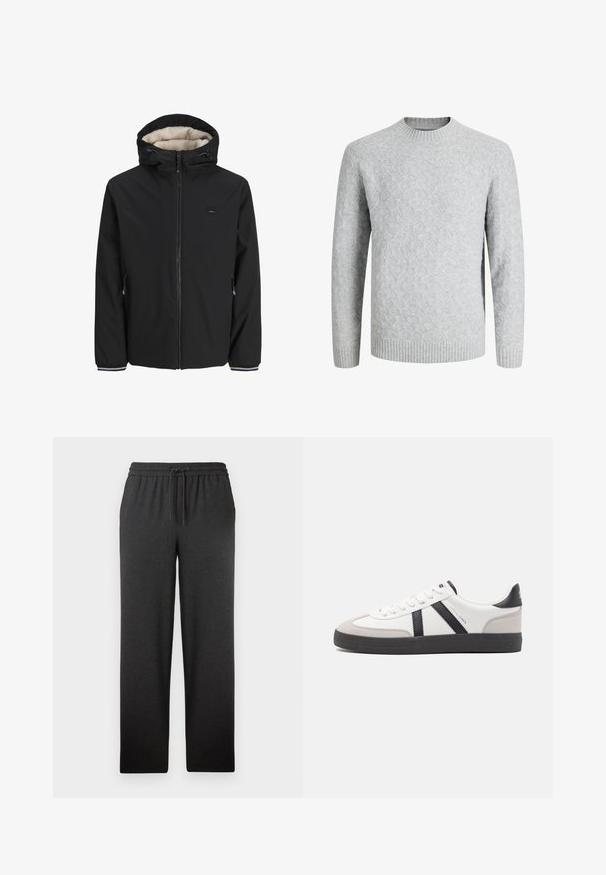 Chaqueta negra aislante con un forro de crema esponjoso, capucha ajustable, cremallera frontal y bolsillos laterales. Presenta puños elásticos con acentos a rayas.; Jersey de punto gris claro con patrón de rombos, cuello redondo, puños y dobladillo acanalados, mangas largas, adecuado para clima frío.; Pantalones negros con cintura elástica y cordón. Confeccionados en una tela suave, tienen un corte recto y una textura mínima. Sin bolsillos visibles.; Zapatilla blanca con acentos en negro y gris, que presenta una puntera texturizada en gris, suela de goma negra y cordones planos blancos. Diseño limpio, estilo minimalista.