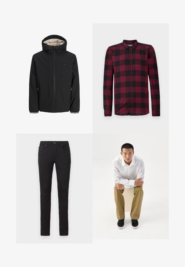 Chaqueta negra aislante con un forro de crema esponjoso, capucha ajustable, cremallera frontal y bolsillos laterales. Presenta puños elásticos con acentos a rayas.; Camisa de manga larga con estampado de cuadros rojos y negros, cuello clásico y puños ajustados.; Vaqueros negros de corte slim. Confeccionados en denim, con cierre de cremallera, cinco bolsillos y sutilezas en los detalles de costura.; Joven con camisa blanca de rayas y pantalones caqui sentado hacia adelante en un taburete con los brazos cruzados, mirando directamente hacia adelante sobre un fondo blanco.