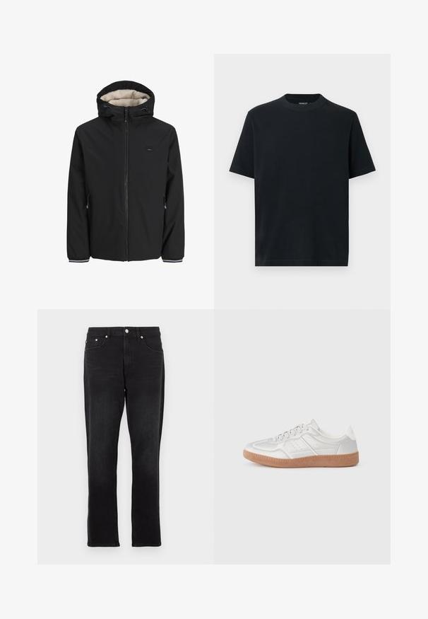 Zwarte geïsoleerde jas met een zachte crèmekleurige voering, verstelbare capuchon, voorrits en zijzakken. Voorzien van elastische manchetten met gestreepte accenten.; Zwart T-shirt met korte mouwen en een ronde hals, gemaakt van zacht katoen. Eenvoudig ontwerp zonder patronen of versieringen.; Zwarte spijkerbroek met rechte pijpen, voorzien van vijf zakken, zilveren hardware en een klassieke tailleband. Soepele textuur en effen kleur.; Zilveren sneakers met een gladde textuur, vetersluiting, geperforeerde accenten en een gestructureerde bruine rubberen zool.