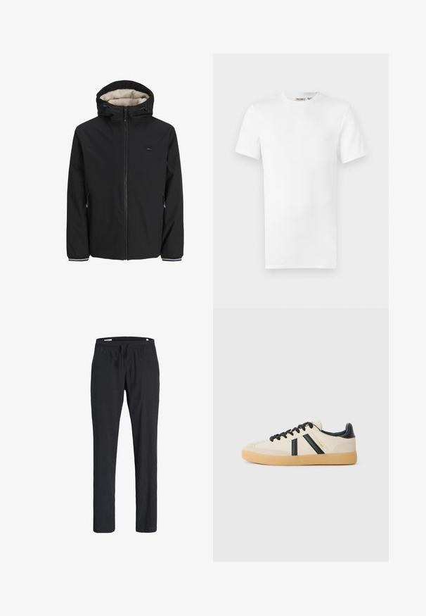 Sort isoleret jakke med en fluffy cream-farvet foring, justerbar hætte, frontlynlås og sidelommer. Har elastiske manchetter med stribede detaljer.; Hvid, kortærmet T-shirt med rund hals og et lille brandlabel inde i kraven, vist på en hvid baggrund.; Sorte afslappede bukser med elastisk linning og snøre, lige ben pasform, lavet af blødt stof, vist på en hvid baggrund.; Casual sneakers i creme med sorte striber, med en tekstureret overdel og sål i gummigummi. Snørebåndene er sorte. Diskret logo på siden.