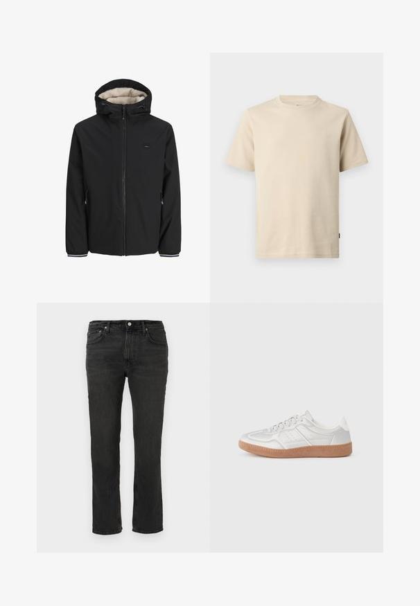 Sort isoleret jakke med en fluffy cream-farvet foring, justerbar hætte, frontlynlås og sidelommer. Har elastiske manchetter med stribede detaljer.; Beige kortærmet bomulds-T-shirt med rund halsudskæring, minimal syning og en lille tonet logo på venstre bryst.; Sorte denimjeans med lige ben, fem lommer og bæltestropper, knaplukning foran og synlige syningsdetaljer.; Sølv sneakers med en glat overflade, snørebånd, perforerede detaljer og en struktureret brun gummi sål.