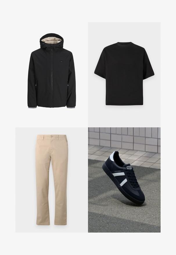 Schwarze isolierte Jacke mit einem flauschigen cremefarbenen Futter, verstellbarem Kapuzenkragen, Reißverschluss vorne und seitlichen Taschen. Verfügt über elastische Bündchen mit gestreiften Akzenten.; Schwarzes T-Shirt mit kurzen Ärmeln in lockerer Passform, aus glattem Baumwollmaterial, mit rundem Ausschnitt und minimalistischem Design.; Beige Chinos aus Baumwolle, mit geradem Bein, traditionellem Knopfverschluss und seitlichen Taschen mit sauberer Naht.; Schwarze Leder-Sneaker mit weißen Streifen, strukturiertem Gummisohle und Schnürung. Verfügt über ein Markenetikett auf der Zunge.