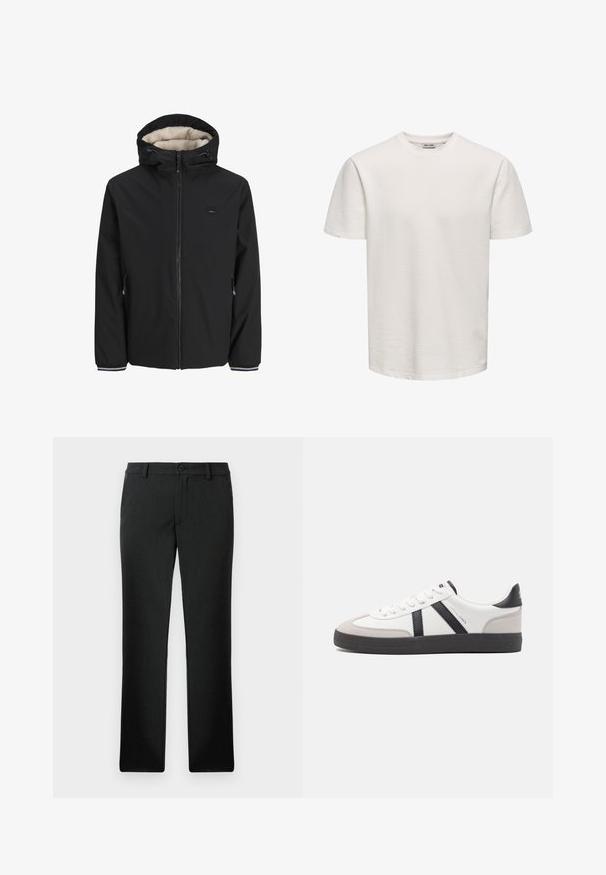 Zwarte geïsoleerde jas met een zachte crèmekleurige voering, verstelbare capuchon, voorrits en zijzakken. Voorzien van elastische manchetten met gestreepte accenten.; Effen wit, kort mouw, gestructureerd T-shirt met ronde hals, getoond op een egale achtergrond, zonder zichtbare logo's of ontwerpen.; Zwarte rechte, op maat gemaakte broek met riemlussen, voorste knoop en ritssluiting, plat weergegeven op een witte achtergrond.; Witte sneaker met zwarte en grijze accenten, voorzien van een grijze neus met textuur, zwarte rubberen zool en platte witte veters. Schoon ontwerp, minimalistische stijl.
