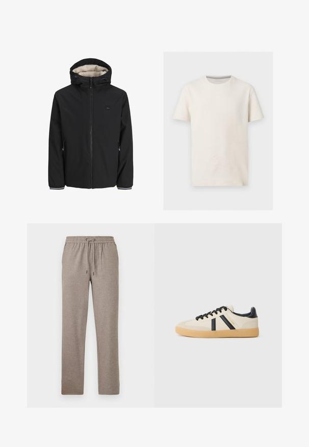 Chaqueta negra aislante con un forro de crema esponjoso, capucha ajustable, cremallera frontal y bolsillos laterales. Presenta puños elásticos con acentos a rayas.; Camiseta de algodón texturizado color blanco hueso de manga corta con cuello redondo y logo discreto en el pecho izquierdo, mostrada sobre fondo gris.; Pantalones de chándal grises hechos de una tela suave, con una cinturilla elástica y cordón, y un diseño de pierna recta.; Zapatillas casuales en crema con rayas negras, con parte superior texturizada y suela de goma. Los cordones son negros. Logo sutil en el costado.