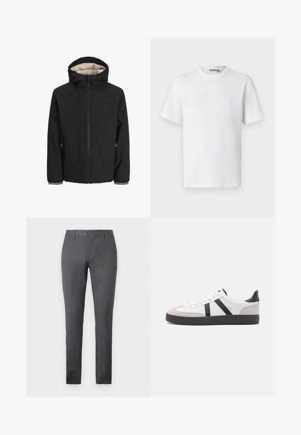 Zwarte geïsoleerde jas met een zachte crèmekleurige voering, verstelbare capuchon, voorrits en zijzakken. Voorzien van elastische manchetten met gestreepte accenten.; Wit T-shirt met korte mouwen, wafelstructuur en ronde hals, met een klein merkembleem aan de binnenkant van de kraag, afgebeeld op een effen achtergrond.; Grijze broeken van een gestructureerde stof, slim fit, met een vlakke voorkant en een knoopsluiting. Ontworpen met twee zijzakken en subtiele stikdetails.; Witte sneaker met zwarte en grijze accenten, voorzien van een grijze neus met textuur, zwarte rubberen zool en platte witte veters. Schoon ontwerp, minimalistische stijl.