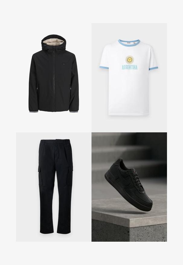 Sort isoleret jakke med en fluffy cream-farvet foring, justerbar hætte, frontlynlås og sidelommer. Har elastiske manchetter med stribede detaljer.; Hvid T-shirt med lyseblå krave og ærmekanter, med en gul sol med ansigt og teksten "ARGENTINA" i lyseblåt nedenunder.; Sorte cargobukser med knappetak og elastisk linning, der har to sidelommer, lige ben og en glat stoftekstur.; Sort Nike-sneaker med perforerede detaljer svæver over en betonforkant mod en sløret grå baggrund.
