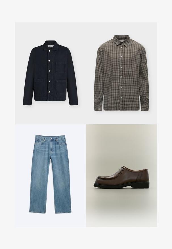 Veste noire avec col, fermeture à boutons devant et trois grandes poches, présentée à plat sur fond blanc.; Chemise à manches longues boutonnée avec motif à carreaux noir et blanc et col classique sur fond blanc.; Jean en denim bleu clair avec jambes droites, fermeture bouton et zip, passants pour ceinture, poches avant et arrière.; Chaussure en cuir marron foncé à lacets avec semelle noire et bout carré arrondi, vue de côté sur un fond neutre.