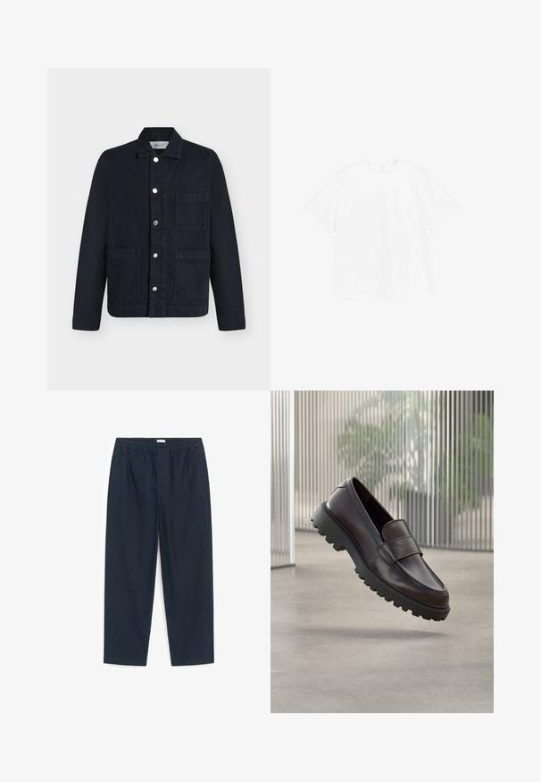 Veste noire avec col, fermeture à boutons devant et trois grandes poches, présentée à plat sur fond blanc.; T-shirt à col ras du cou à manches courtes en coton blanc uni. Coupe standard avec un design simple et sans motifs ni accents visibles.; Pantalon bleu marine à taille élastique, jambe droite, poches latérales et devant plat, conçu pour un usage décontracté.; Chaussure à enfiler en cuir marron avec un bout rond et une semelle en caoutchouc noire robuste. Présente une bride décorative traversant le coup de pied.