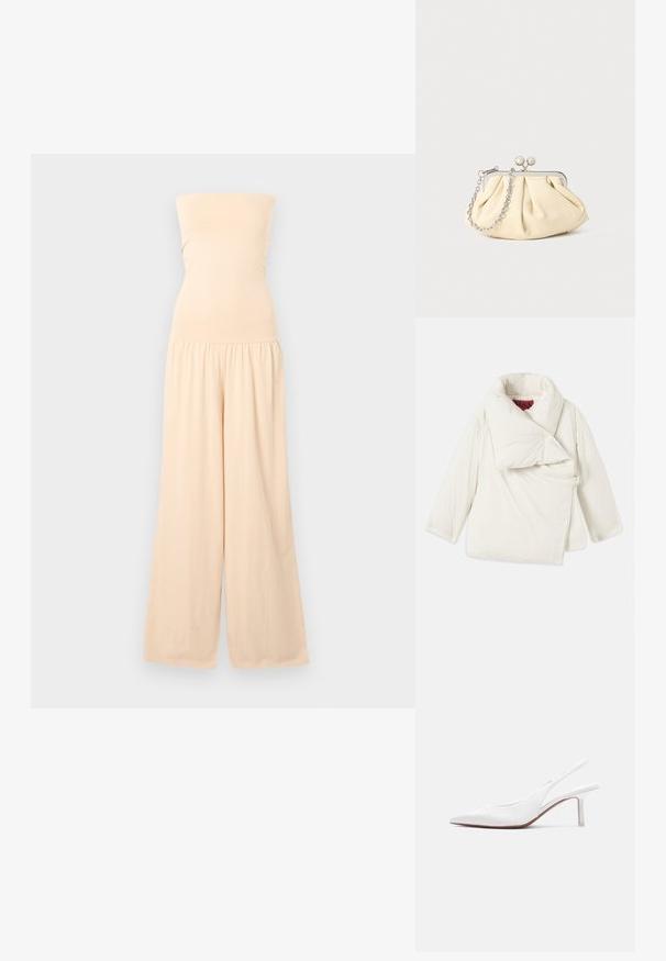 Doudoune blanche avec un large col replié, design asymétrique et fermeture latérale avec un anneau en métal. Texture lisse et brillante.; Combinaison beige bustier avec corsage ajusté et pantalons larges, froncée à la taille, présentée sur un fond gris clair.; Chaussure pour femme en cuir blanc avec bride arrière, bout pointu, petit talon kitten bas et petit nœud décoratif sur le dessus, vue de profil latéral.; Pochette en cuir beige plissé avec un cadre en métal argenté, dotée de deux fermoirs ronds décoratifs et d'une chaîne en argent.