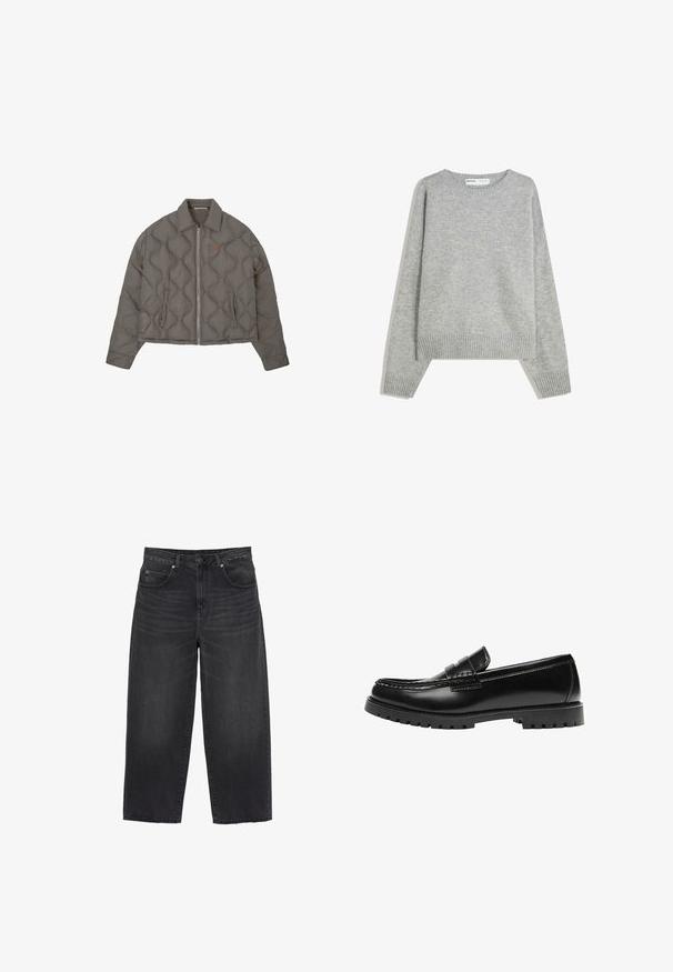 Veste grise matelassée avec fermeture éclair frontale, col et deux poches latérales, présentant un petit emblème brodé sur la poitrine.; Pull en tricot gris avec un col rond, des poignets et un ourlet côtelés, offrant une coupe décontractée et une texture douce.; Jean noir à jambes larges avec une taille haute, bouton et fermeture éclair à l'avant, passants pour ceinture, et poches avant et arrière.; Mocassin en cuir noir avec une semelle en caoutchouc épaisse et un détail classique de bride à monnaie, vu de côté extérieur.