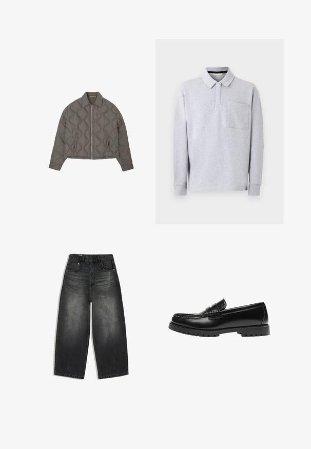 Veste grise matelassée avec fermeture éclair frontale, col et deux poches latérales, présentant un petit emblème brodé sur la poitrine.; Polo gris clair à manches longues avec col, patte de boutonnage cachée et une seule poche poitrine sur fond uni.; Jean en denim noir délavé à jambes larges avec poches avant et arrière, passants pour ceinture et fermeture par bouton à la taille.; Mocassin en cuir noir avec une semelle en caoutchouc épaisse et un détail classique de bride à monnaie, vu de côté extérieur.