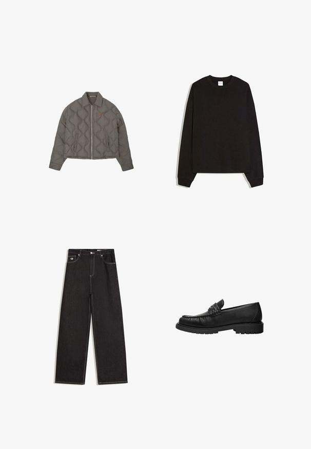 Veste grise matelassée avec fermeture éclair frontale, col et deux poches latérales, présentant un petit emblème brodé sur la poitrine.; Sweat-shirt noir à manches longues en coton doux. Dispose d'un col rond, de poignets côtelés, et d'une coupe ample avec un design minimaliste.; Jean noir à jambes larges avec surpiqûres blanches contrastantes, fermeture à bouton, passants pour ceinture, et design à cinq poches incluant une petite étiquette logo sur la poche avant.; Mocassin en cuir noir avec dessus cousu, détail de bride cloutée et semelle épaisse à crampons, présenté en profil latéral sur fond blanc.