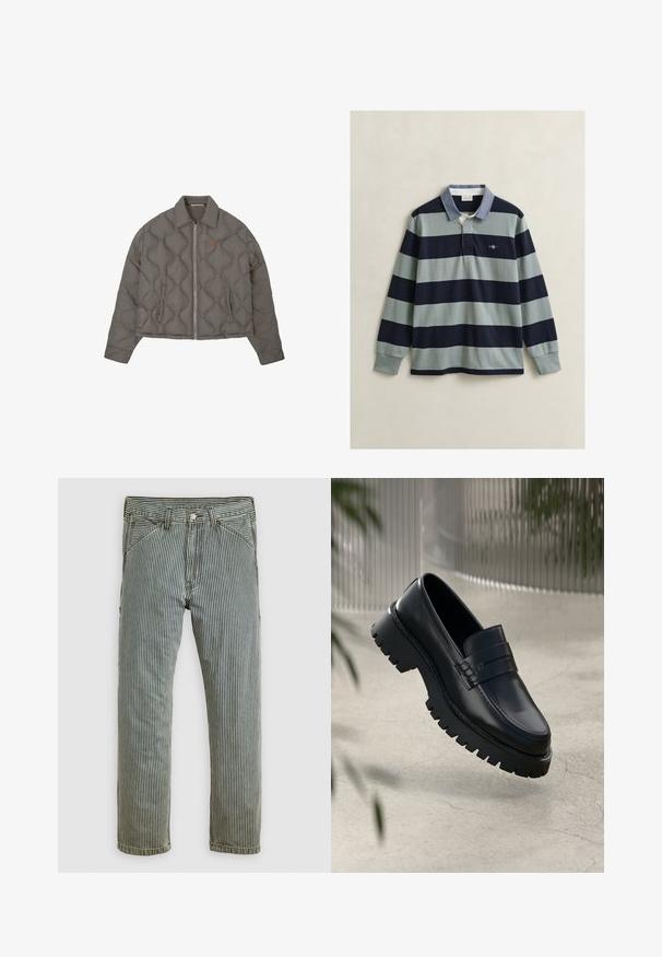 Veste grise matelassée avec fermeture éclair frontale, col et deux poches latérales, présentant un petit emblème brodé sur la poitrine.; Chemise de rugby à manches longues avec des rayures horizontales larges alternées bleu marine et gris clair, un col bleu et un petit logo sur la poitrine.; Pantalons droits à rayures verticales noir et blanc avec des poches avant et des passants de ceinture, présentés à plat sur un fond clair.; Mocassins en cuir noir avec une semelle à crampons épaisse, dotés d'une sangle décorative et de détails de couture. Texture lisse avec une finition polie.