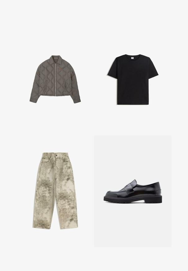 Veste grise matelassée avec fermeture éclair frontale, col et deux poches latérales, présentant un petit emblème brodé sur la poitrine.; T-shirt noir à col rond en coton avec manches courtes. Il offre une coupe décontractée, sans motifs ni accents, avec une texture lisse.; Pantalon à jambes larges et taille haute avec un motif vert mat et beige. Confectionné en tissu doux et texturé, doté de cinq poches et d'une fermeture à boutons.; Chaussure noire en cuir à enfiler avec un design épuré, bout rond et semelle épaisse en caoutchouc texturé. Présente une sangle décorative à l'avant.