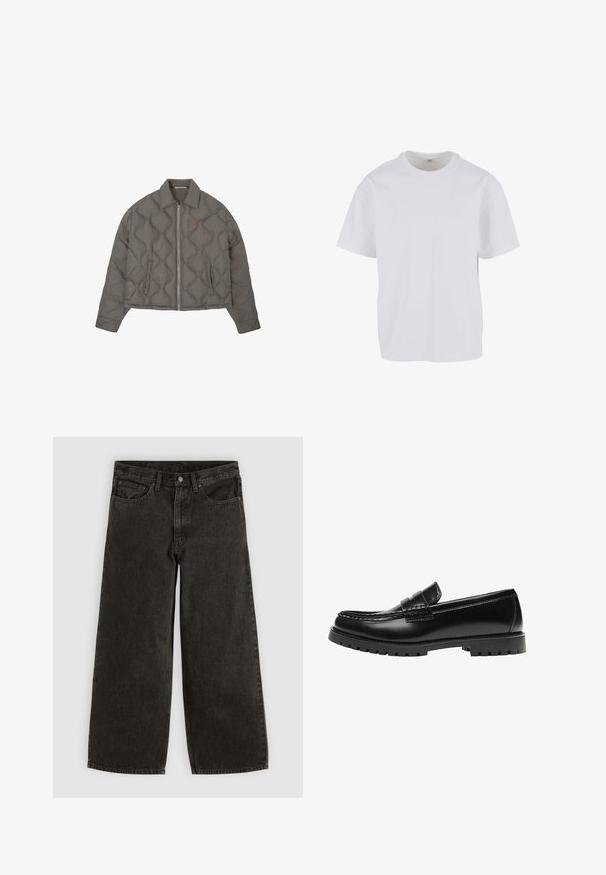 Veste grise matelassée avec fermeture éclair frontale, col et deux poches latérales, présentant un petit emblème brodé sur la poitrine.; T-shirt blanc à manches courtes en coton doux, avec un col rond et une coupe décontractée à ourlet droit. Aucun motif ni accent visible.; Jean en denim noir à jambes larges avec bouton et fermeture éclair à l'avant, passants de ceinture, et cinq poches, étalé à plat sur un fond blanc.; Mocassin en cuir noir avec une semelle en caoutchouc épaisse et un détail classique de bride à monnaie, vu de côté extérieur.