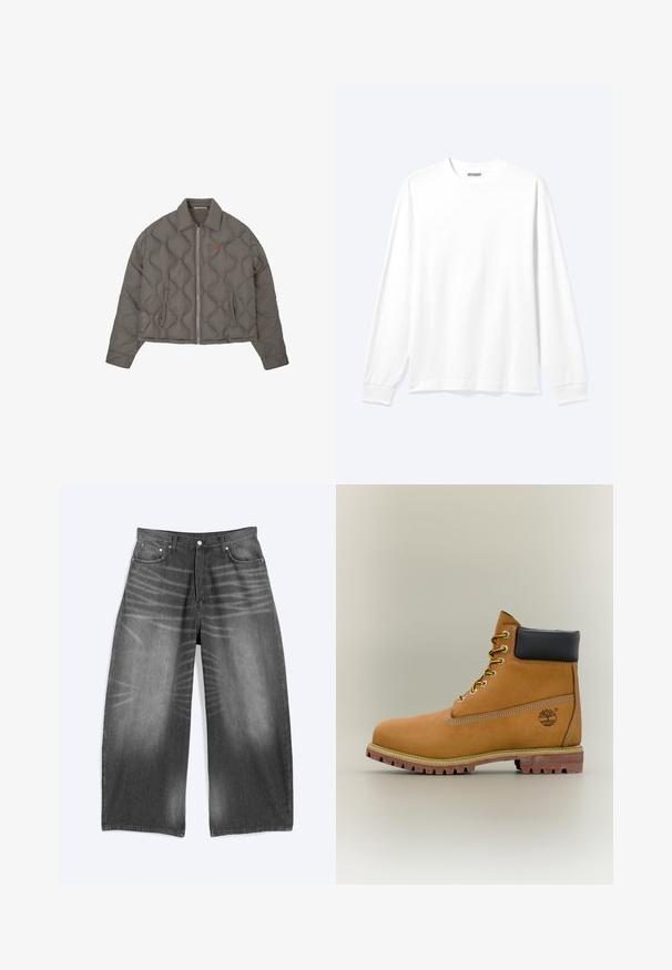 Veste grise matelassée avec fermeture éclair frontale, col et deux poches latérales, présentant un petit emblème brodé sur la poitrine.; Chemise blanche unie à manches longues avec col rond et poignets côtelés, présentée sur un fond clair neutre.; Jean en denim noir délavé à jambes larges avec poches avant et fermeture à boutons, présenté à plat sur fond clair.; Bottine en cuir marron avec col noir, lacets jaunes et semelle beige. Présente un logo et des détails de couture blanche. Semelle extérieure à traction robuste.