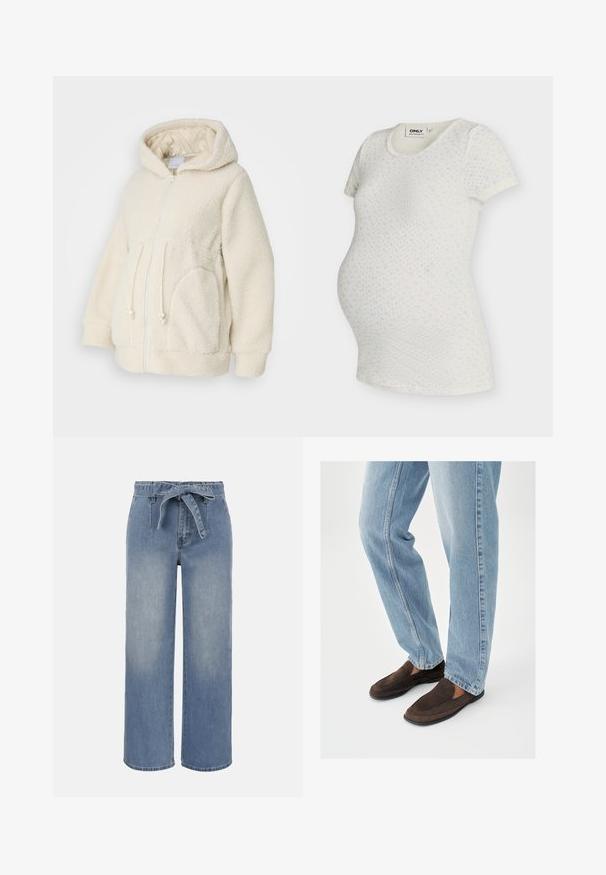 MAMALICIOUS Hood - Fleecejacke - birch; ONLY MATERNITY OLMMADISON BABY TEE - T-Shirt basic - cloud dancer aop:gry flower winter sky; Hellblaue, hoch taillierte Jeans mit weitem Bein, ausgestattet mit einem gebundenen Stoffgürtel und Fronttaschen, die einen leicht ausgewaschenen Effekt zeigen.; Braune Mokassins aus Wildleder mit glatter Textur, abgerundeter Zehenpartie und minimaler Nahtführung, kombiniert mit hellblauen Jeans aus Denim.