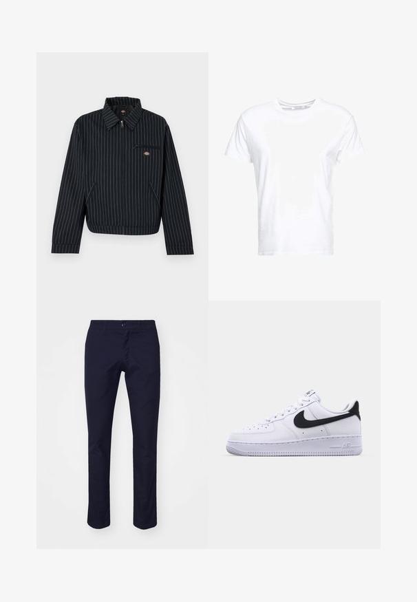 Veste noire zippée avec fines rayures blanches, col pointu, poche poitrine zippée et deux poches latérales, avec un petit logo circulaire de la marque.; T-shirt en coton blanc avec un col rond et des manches courtes, au fit classique et à la texture lisse. Aucun motif ni accessoire visible.; Chinos bleu marine en mélange de coton, présentant un design à jambe droite, des poches avant et une fermeture à bouton à la taille.; Sneaker en cuir blanc avec un Swoosh noir texturé, des lacets plats et une semelle en caoutchouc avec un motif strié. "AIR" est embossé sur le talon.