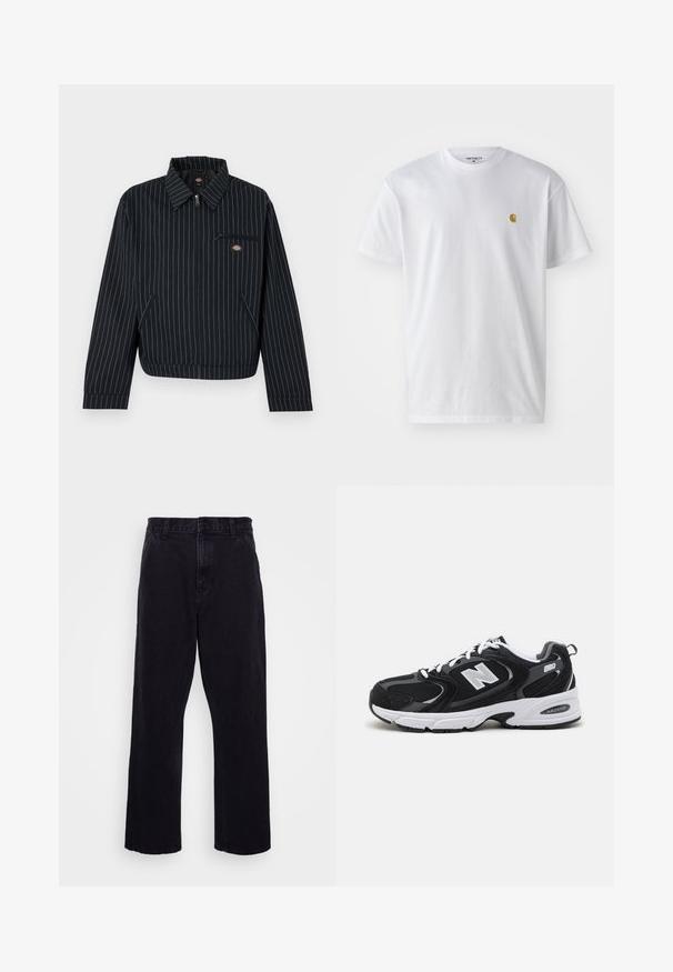Veste noire zippée avec fines rayures blanches, col pointu, poche poitrine zippée et deux poches latérales, avec un petit logo circulaire de la marque.; T-shirt en coton blanc à manches courtes, col rond, avec un petit logo doré sur la poitrine gauche. Texture douce et coupe régulière.; Pantalons en denim noir avec une coupe droite, dotés d'une fermeture à bouton et à zip, de passants de ceinture et de coutures minimales.; Baskets de sport noires et grises avec un tige en mesh et en suède, présentant une semelle intermédiaire blanche, des lacets et un logo "N" audacieux sur le côté.