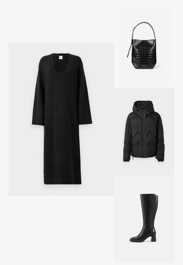 Veste rembourrée noire matelassée avec capuche, présentant un motif texturé, une fermeture à boutons-pression, des poignets élastiques et un ourlet ajustable avec cordon.; Robe tricotée noire longue avec des manches longues et un col rond, présentée à plat sur un fond blanc.; Botte en cuir noire montant jusqu’au genou avec un talon bloc et un bout arrondi, vue de profil sur un fond uni.; Sac seau en cuir embossé noir façon croco avec une seule bandoulière et un petit logo argenté de la marque au centre en bas à l'avant.