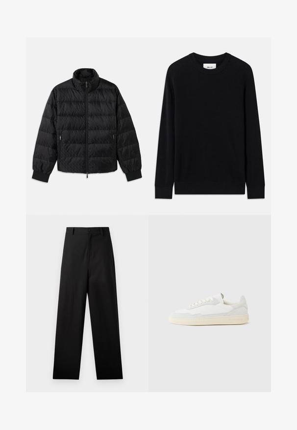 Schwarze, gesteppte, gepolsterte Jacke mit hohem Kragen, Frontreißverschluss, seitlichen Reißverschluss-Taschen und elastischen Bündchen auf einem weißen Hintergrund.; Schwarzer gerippter Pullover mit Rundhalsausschnitt, langen Ärmeln und gestrickter Textur. Verfügt über einen geraden Saum und ein dezentes Markenlabel innen.; Schwarze Baumwollhosen mit geradem Bein, ausgestattet mit einem vorderen Knopfverschluss und Seiten Taschen. Glatte Textur, keine Muster.; Weißer Sneaker mit strukturiertem Obermaterial aus Wildleder und Leder. Verfügt über eine runde Zehenpartie, Schnürverschluss und eine kontrastierende beige Gummisohle.